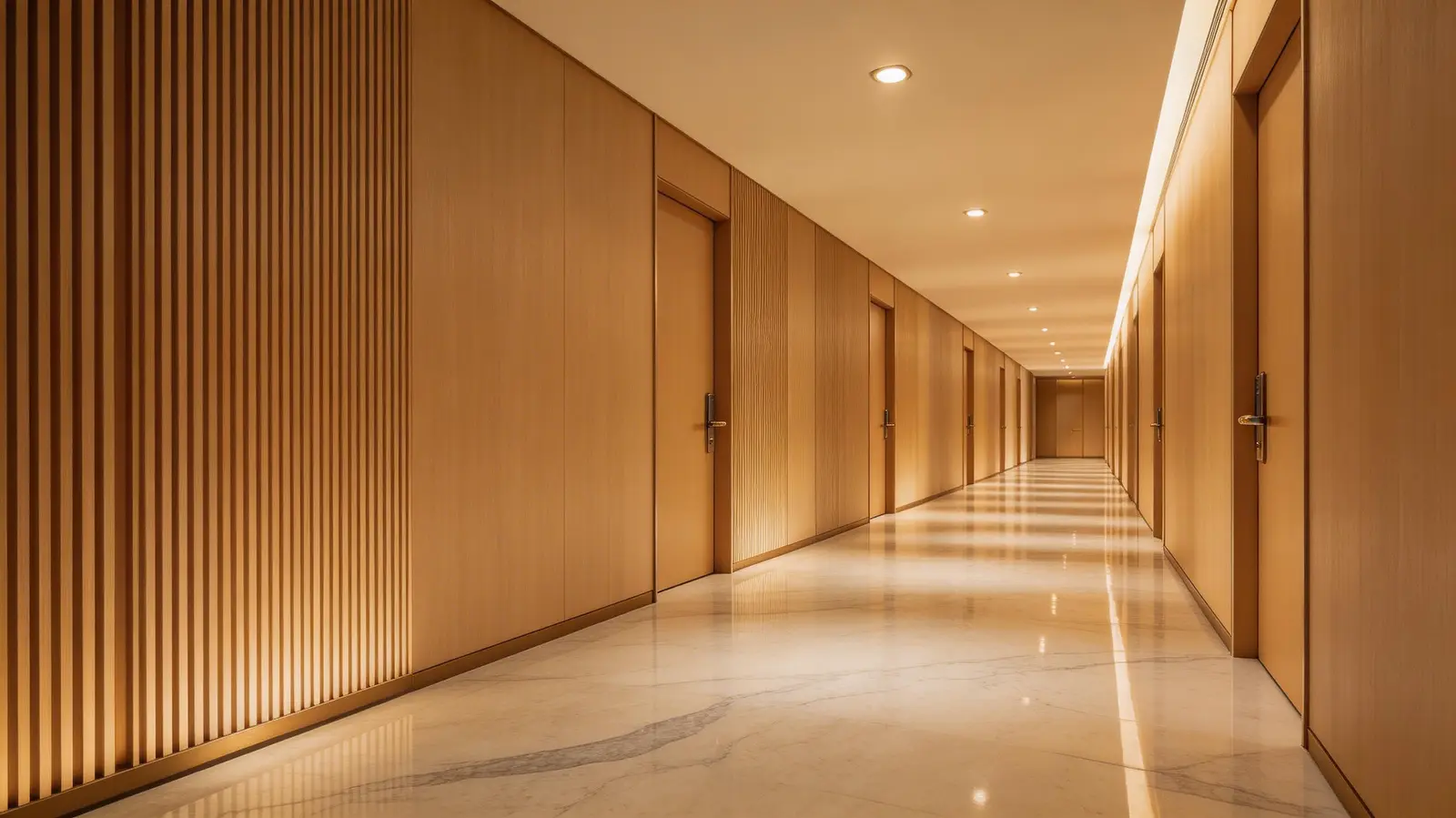 Hotel corridor with a fluted wall panel feature